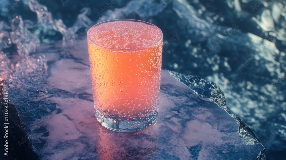 Poster Refreshing Sparkling Drink Against a Rocky Background with Bubbles
