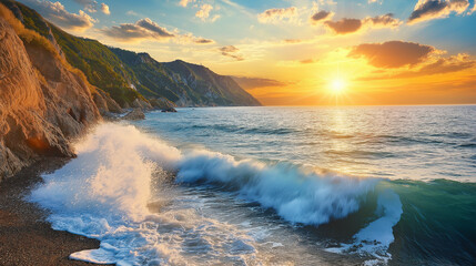 Obraz premium Breathtaking sunset over rocky coastline with crashing waves and vibrant sky