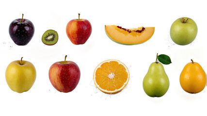 Variety of fruits and slices isolated transparent  
