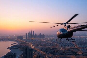 An aerial shot featuring a helicopter soaring against the twilight backdrop of Dubai, highlighting the city's vibrant lights and unique architecture.