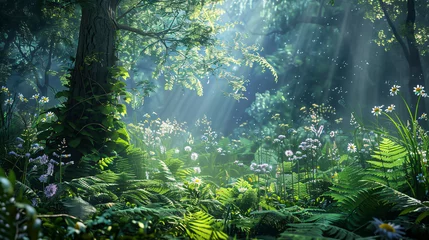 Fleecedeken met foto Enchanted forest with magical ferns, green witch plants, and a mystical woodland background featuring meadow flowers. © mahamad