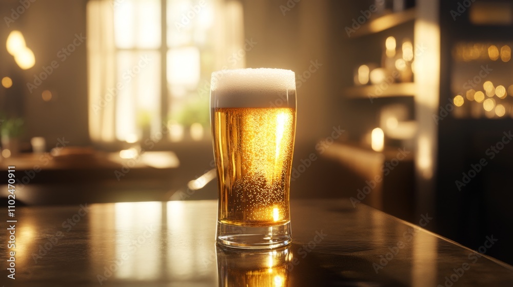 Poster Refreshing Glass of Beer with Foam in a Cozy Bar Environment