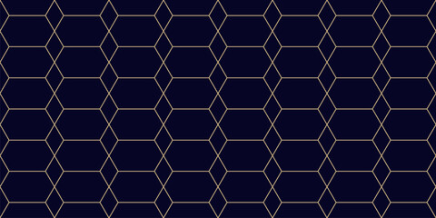 Abstract geometric seamless pattern in minimalist style. Golden vector background. Simple minimal ornament. Black and gold texture with hexagon grid, diamonds, lattice. Repeated luxury geo design