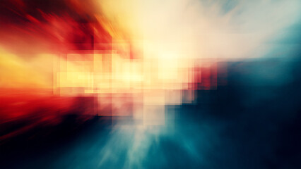 Abstract digital glitch background with a blurred cityscape and sunrise, creating an atmosphere of motion blur and energy in the urban landscape.