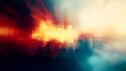 Obraz premium Abstract digital glitch background with a blurred cityscape and sunrise, creating an atmosphere of motion blur and energy in the urban landscape.