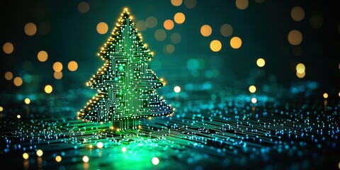 Digital Christmas tree on glowing circuits illuminated in vibrant green against, dark background with shimmering bokeh lights, modern holiday technology, Merry Christmas greeting card technology style