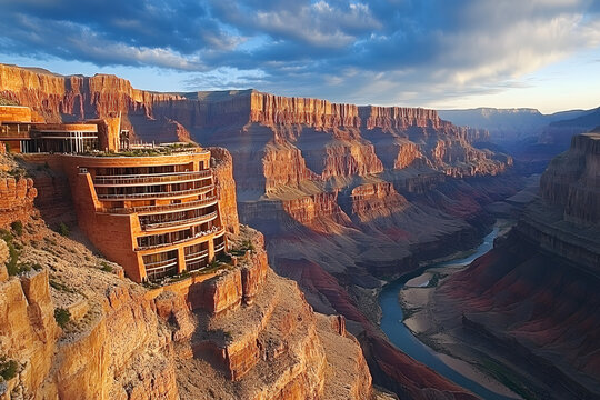 Luxury cliffside hotel overlooking majestic grand canyon at sunset