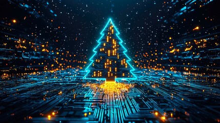 Futuristic Christmas tree glowing with bright neon lights against a dark background showcasing digital patterns and sparkling tech particles representing celebration technology and innovation