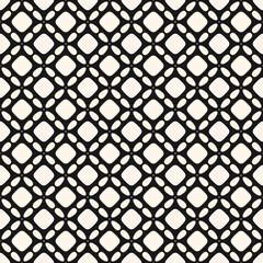 Minimal abstract geometric seamless pattern. Simple vector texture with curved shapes, flower silhouettes, tiles, grid, lattice, mesh. Black and white ornament background. Repeated monochrome design