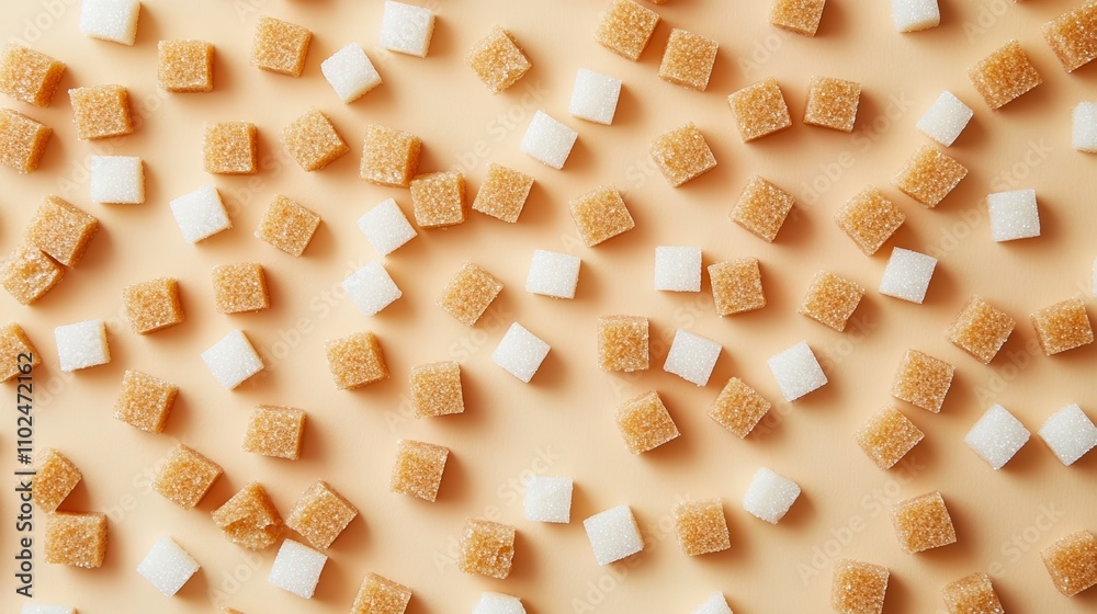 Poster scattered white and brown sugar cubes on beige background, highlighting sugar types and sparking tho