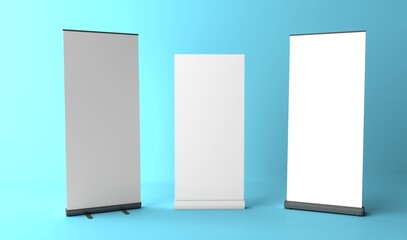 Blank vertical roll-up banner stand mockup on white background. Pull-up roller portable signage mock-up. White pop-up advertising display template. Roll up 3d ad banner on white background.