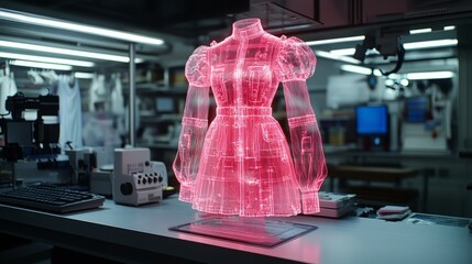 A stunning holographic dress design glows in a contemporary studio filled with fashion technology, highlighting creativity and innovation in garment design