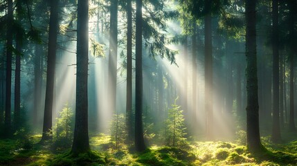 Naklejka premium Pine forest with sunlight or sunbeam