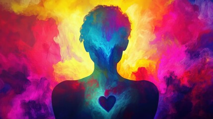 Abstract representation of a human silhouette with vibrant colors emanating from the heart and mind,