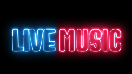 Obraz premium Live Music neon sign. Live Music text font with neon light. Luminous and shimmering haze inside the letters of the text Live Music. 