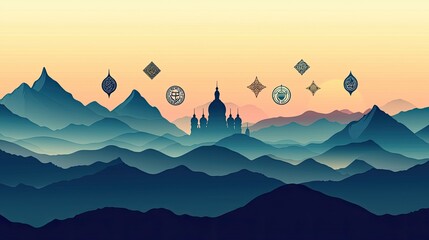 Serene mountain landscape with castle silhouette at sunset, adorned with abstract geometric shapes floating in the sky.