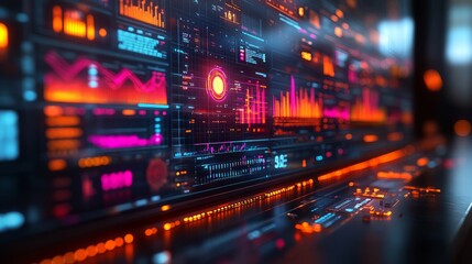 Complex graphic interface filled with dynamic charts and colorful graphs enhances productivity in a high-tech office environment