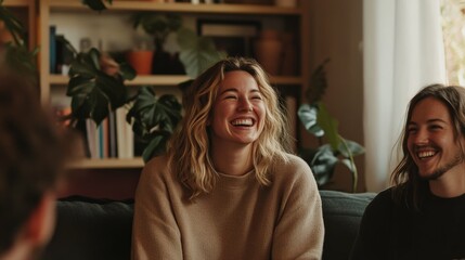 Blonde woman with family laughing on couch, bookshelf and plants in background, warm homey light