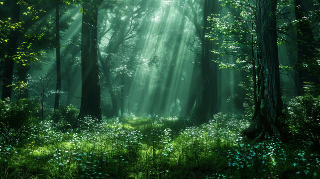 Enchanted forest with magical herbs, green witch plants, and mystical woodland.