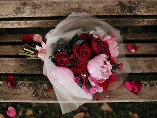 Romantic bouquet of red and pink flowers on a bench.