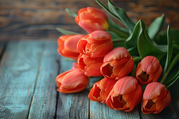 beautiful tulips on a wooden background,.    