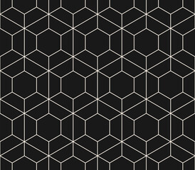 Abstract linear geometric seamless pattern. Subtle vector texture with thin lines, hexagon grid, net, lattice, mesh, diamond shapes. Stylish dark minimalist background. Black and white repeated design