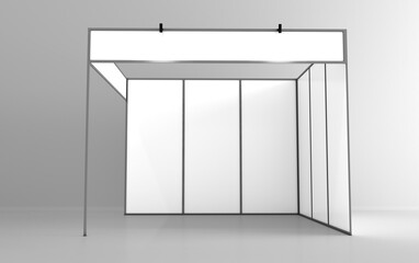 Blank white trade exhibition booth system stand. Trade show booth white and blank. Blank indoor exhibition with work paths
