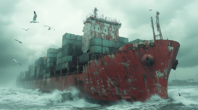 A weathered cargo ship navigates tumultuous waves, surrounded by seagulls, amidst an overcast sky. The atmosphere captures the struggle against nature's might