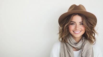 Young Woman Smiling Brightly in Stylish Hat and Scarf