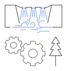 Hydroelectric dam releasing water, gears symbolizing machinery, and an evergreen tree, all in minimalist style. Ideal for sustainability, energy, engineering, environment, renewable energy nature