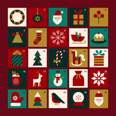 Merry Christmas advent calendar with minimalists festive symbols. Simple geometric icons. Stylized Santa, gifts, deer, sweet, snow, snowman, tree. Flat vector illustration. For poster, card, stickers.