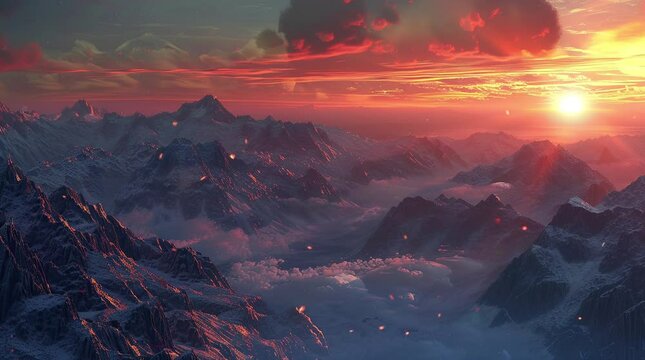Breathtaking mountain landscape under a radiant glowing sky with vibrant colors  
Seamless looping 4k time-lapse virtual video animation Generated AI