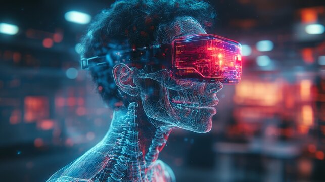A human figure with transparent skin reveals intricate circuits and bones while engaging with a vibrant virtual reality headset in a high-tech environment - Powered by Adobe