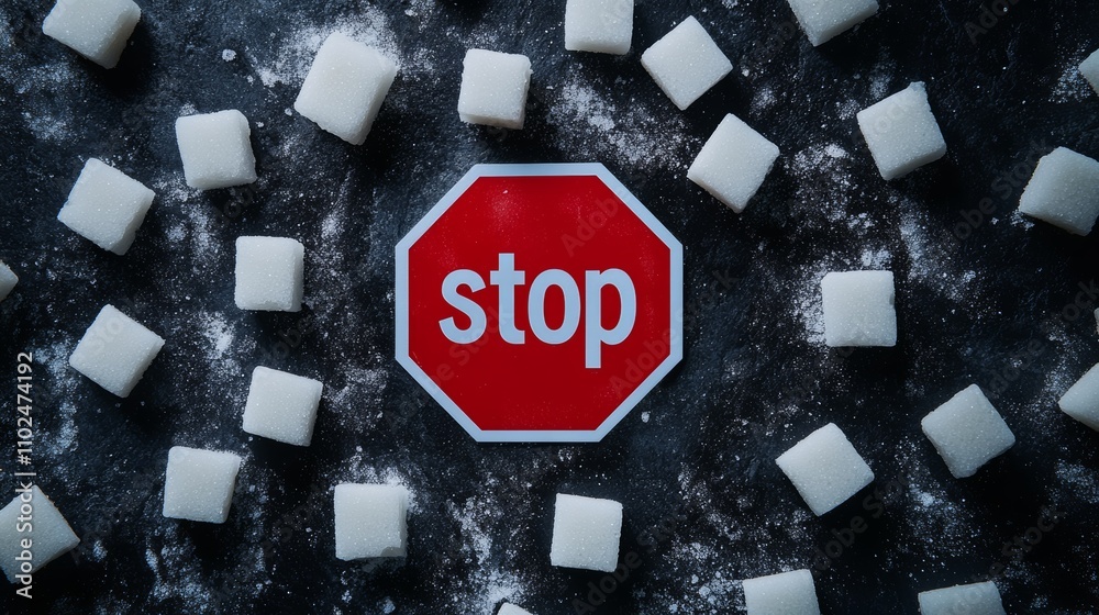 Poster many white sugar cubes are surrounding a red stop sign over a dark background, representing the conc
