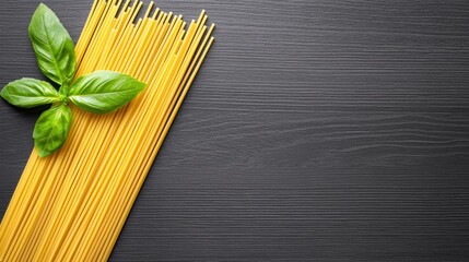 Fresh Basil and Spaghetti on a Dark Wooden Surface