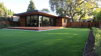 Fototapeta premium Modern Home Surrounded by Lush Green Lawn and Serenity