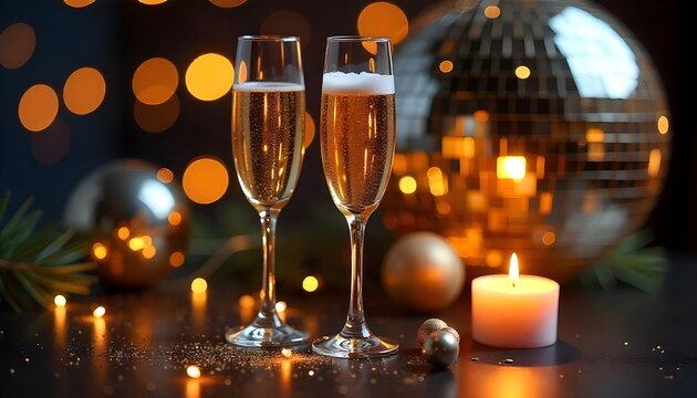 A festive holiday party atmosphere featuring glasses of champagne, a sparkling disco ball overhead, and soft candlelight casting a warm glow