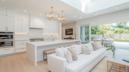 Light and airy California kitchen features slim white shaker cabinets and a stylish island near a cozy TV area with seating