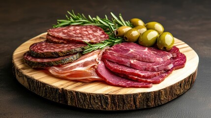 Obraz premium Artisanal Charcuterie Board Featuring Cured Meats, Olives, and Fresh Herbs