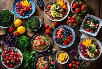 Fototapeta premium vibrant spread colorful plant based meals showcasing assorted grains beautifully arranged presentation, artful, artisan, appetizing, arrangement, berries