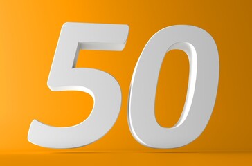 50. Number 50 in white on light yellow background. Fifty number 3d sign.