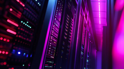 Vibrant server room illuminated in pink and purple lights showcasing advanced technology during a late-night operation