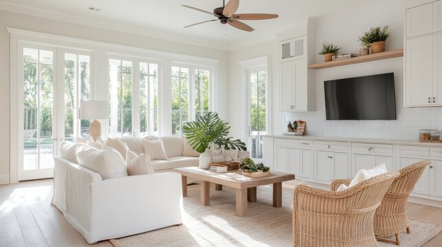 Modern California kitchen with white shaker cabinets and cozy living area featuring an island and comfortable seating
