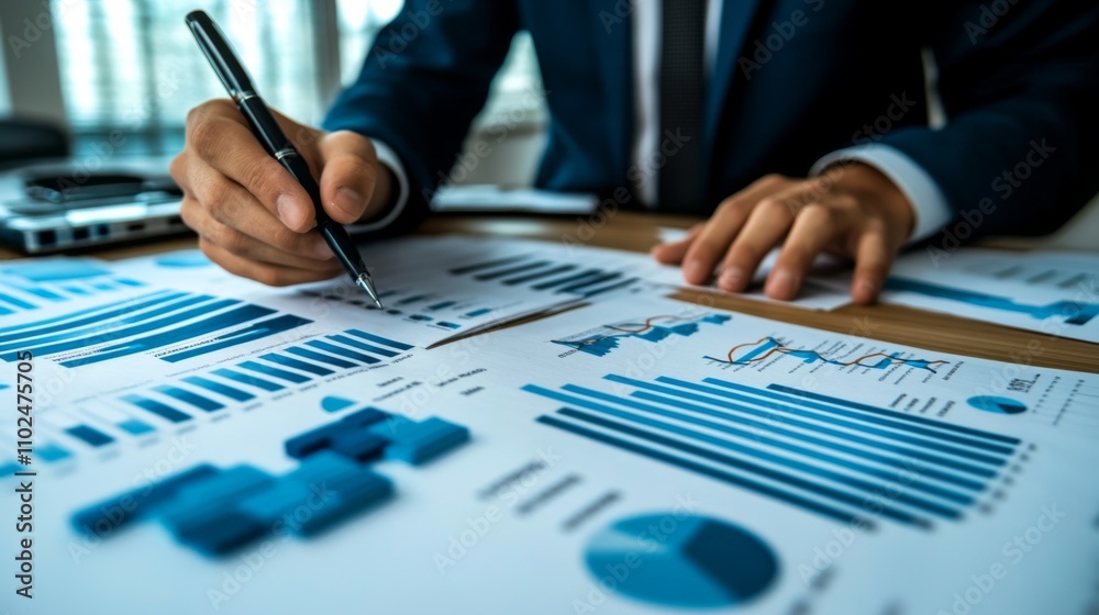 Poster business professional analyzing charts and graphs at workspace