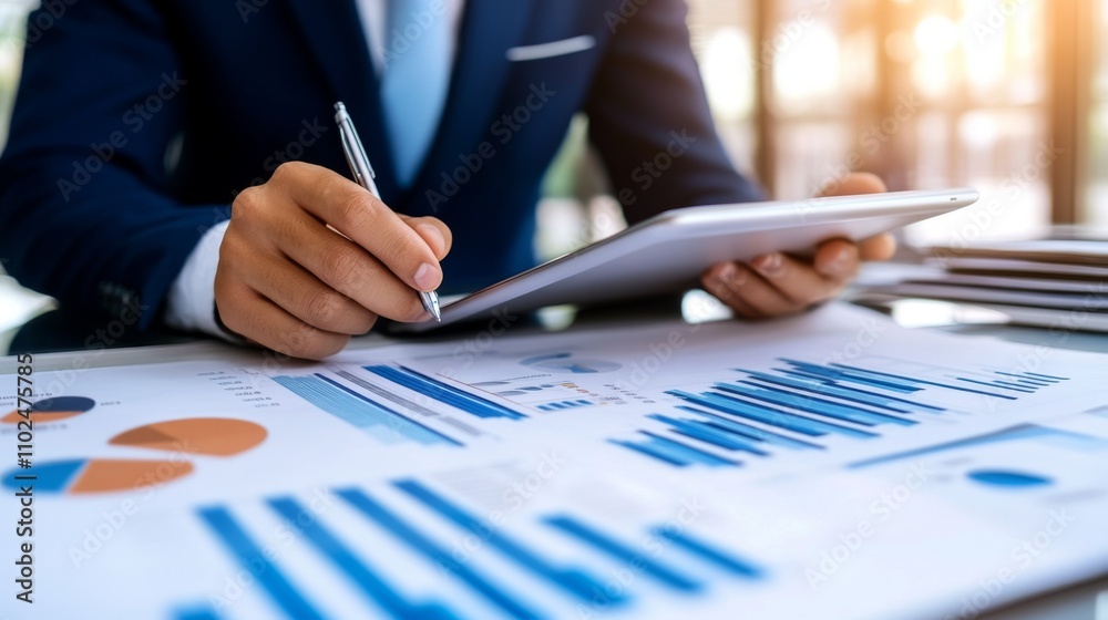 Poster business professional analyzing data with tablet and documents