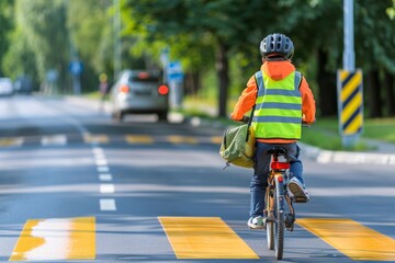 Young Boy in Safety Helmet With Backpack Riding Bicycle on Crosswalk, Road Safety Rules Concept