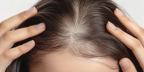 Naklejka premium Fingers gently explore the thinning hair on a woman s scalp, highlighting hair loss and the emotional impact of this common issue. The setting appears bright and inviting