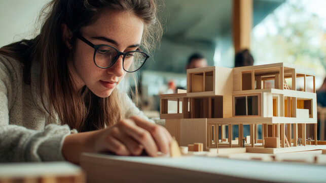 A group of undergraduate architecture students is working on intricate model designs in a design studio, focusing intently on their projects during the afternoon