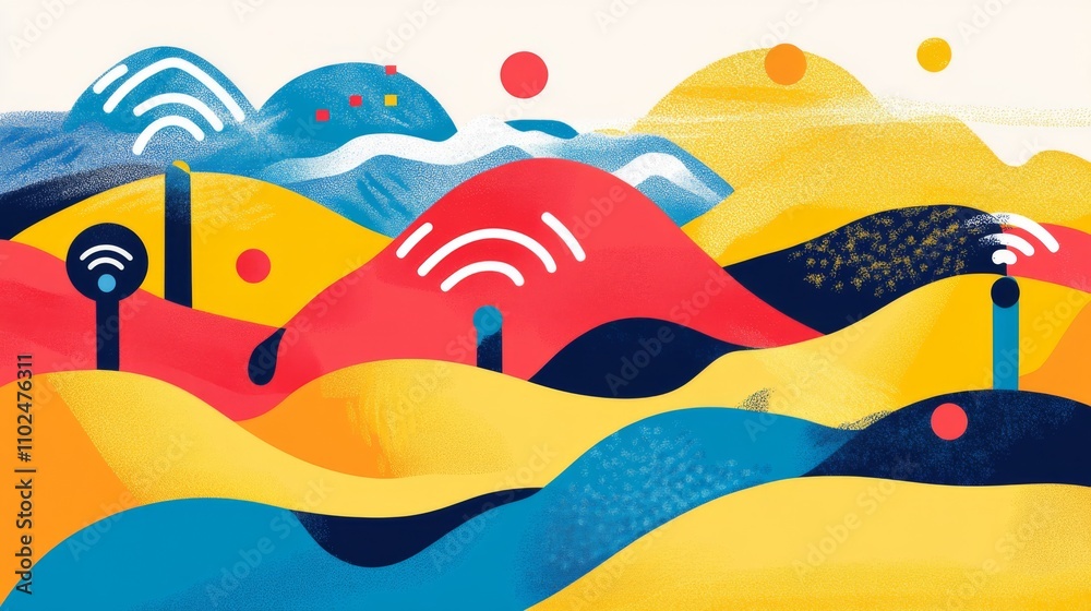 Poster abstract illustration of colorful mountains with wi-fi signals