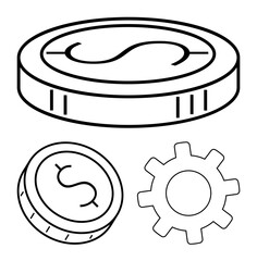 Coins with dollar signs in different sizes and a gear outline. Ideal for finance, business, investment, economics, currency, settings, and engineering content. Line metaphor